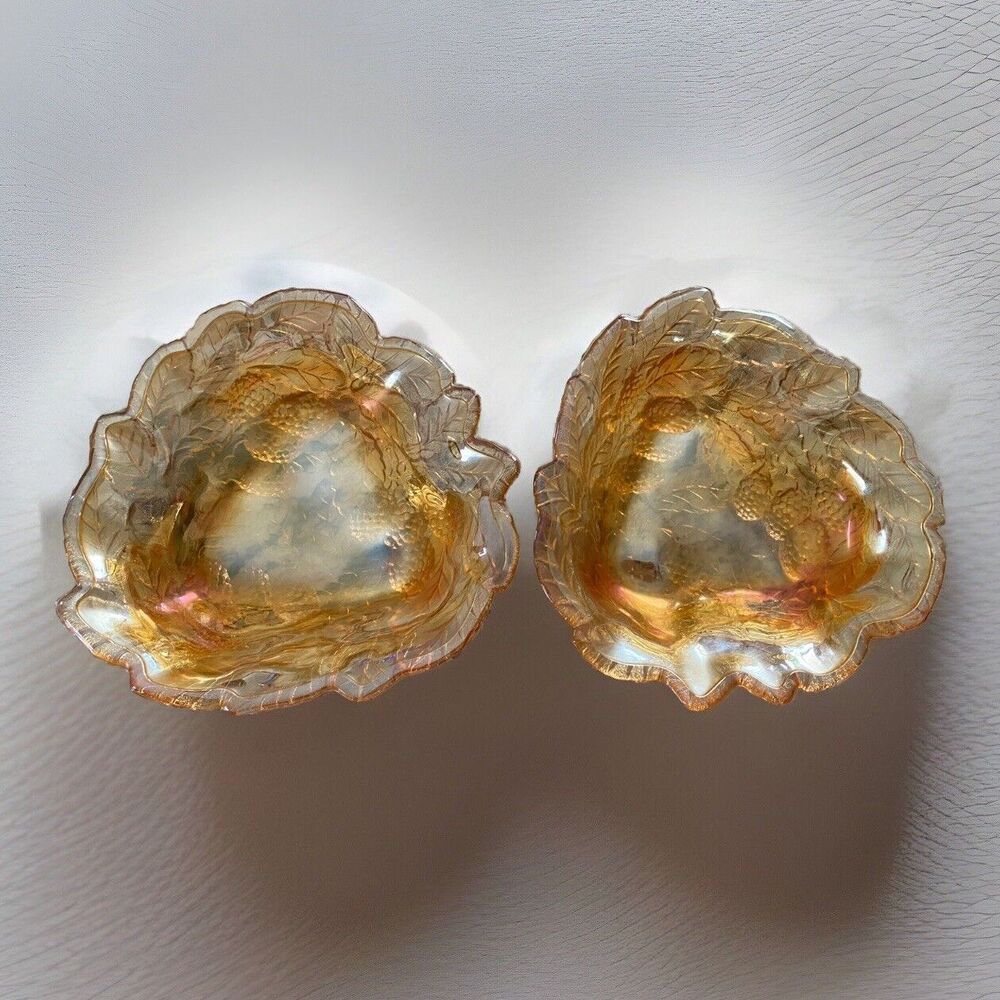 Vintage Indiana Carnival Glass Dish Iridescent Loganberry Amber 7" Diam Set Of 2